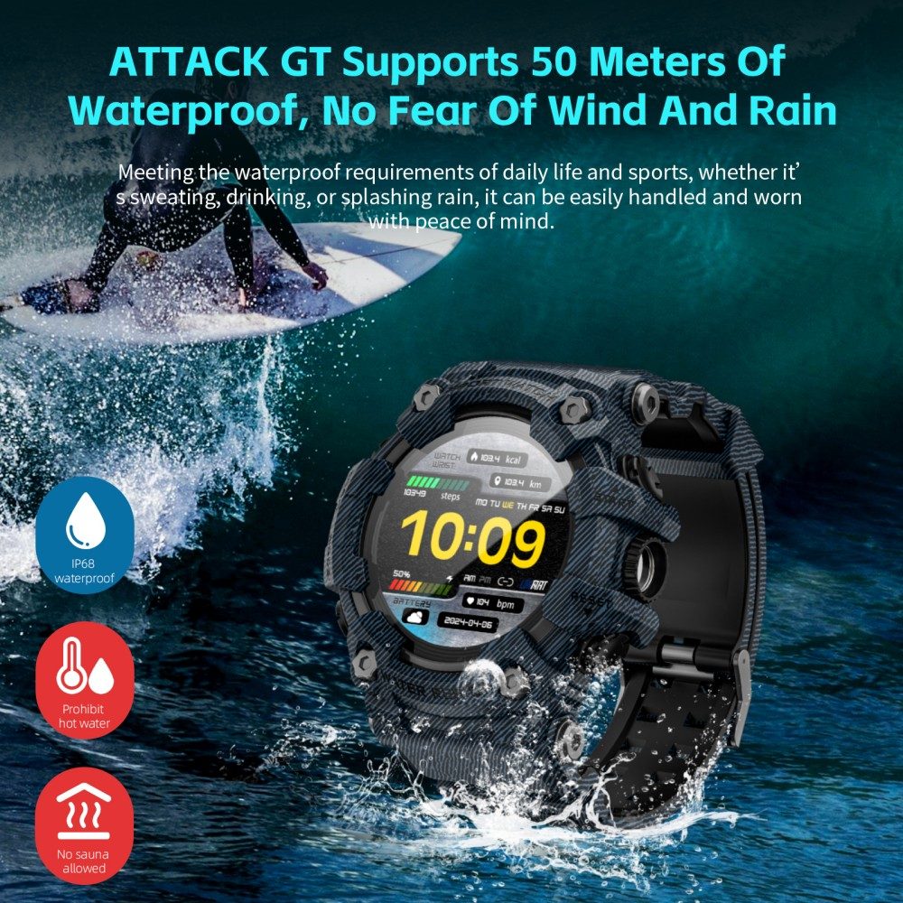LOKMAT ATTACK GT Smart Watch, 1.32-inch HD Full-Touch Display 360×360, IP68 Waterproof Rugged Outdoor Design, 100+ Sports Modes, Bluetooth Calling, Heart Rate & Sleep Monitoring, 15-Day Battery Life - Blue