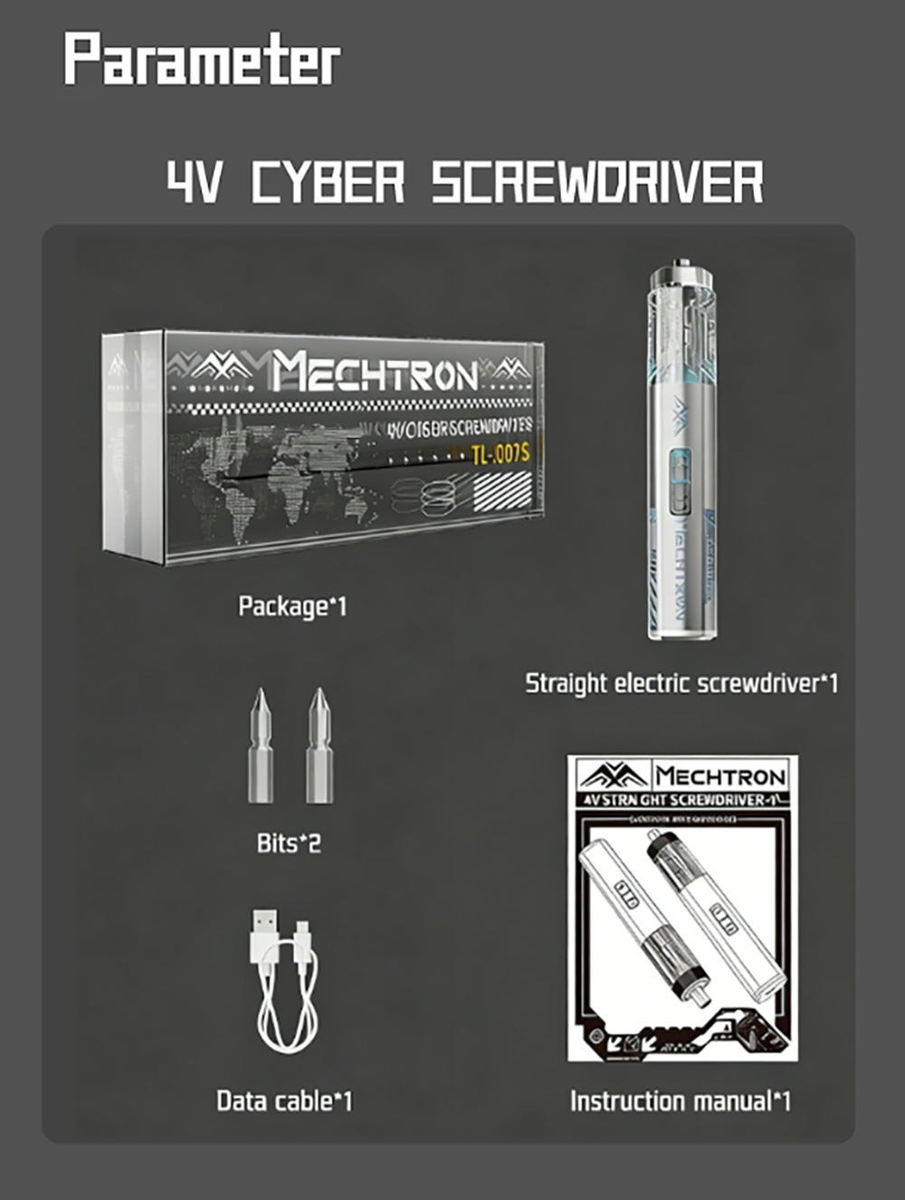 MECHTRON TL-I007S 4V Cyber Screwdriver, 5N·m Electric Torque & 8N·m Manual Torque, 270RPM Speed, 1500mAh Li-ion Battery, Type-C Fast Charging, LED Light, Magnetic Bit Design, Precision Repair Tool