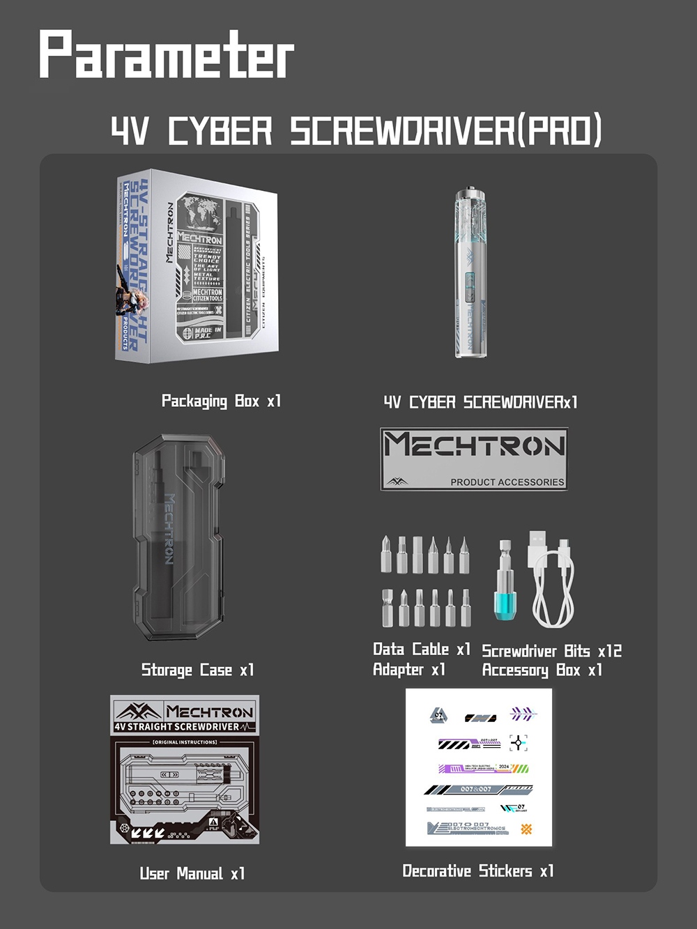 MECHTRON TL-I007S PRO 4V Cyber Screwdriver, 5N·m Electric Torque & 8N·m Manual Torque, 270RPM Speed, 1500mAh Li-ion Battery, Type-C Fast Charging, LED Light, Magnetic Bit Design, Precision Repair Tool
