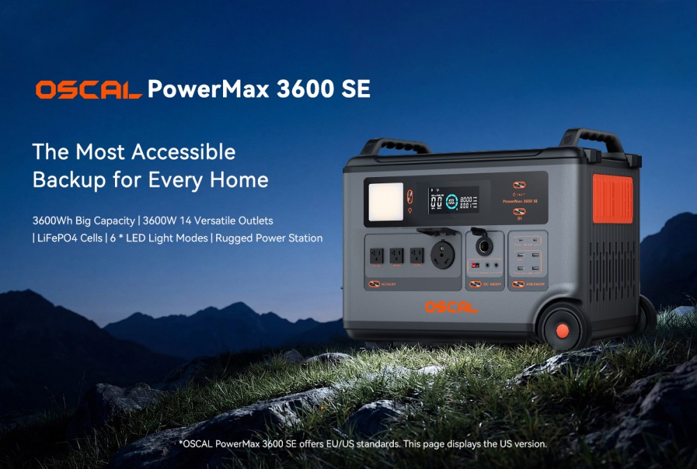 Oscal PowerMax 3600SE Portable Power Station, 3600Wh LiFePO4 Battery, 3600W Pure Sine Wave Output, 4500W Surge, 6 LED Light Modes, USB-C 100W, App Control, Fast Recharge, Solar Generator for Home Backup, RV, Camping - US Plug