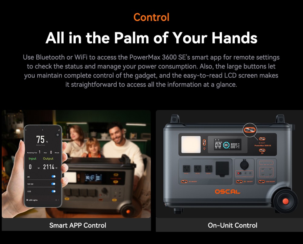 Oscal PowerMax 3600SE Portable Power Station, 3600Wh LiFePO4 Battery, 3600W Pure Sine Wave Output, 4500W Surge, 6 LED Light Modes, USB-C 100W, App Control, Fast Recharge, Solar Generator for Home Backup, RV, Camping - US Plug