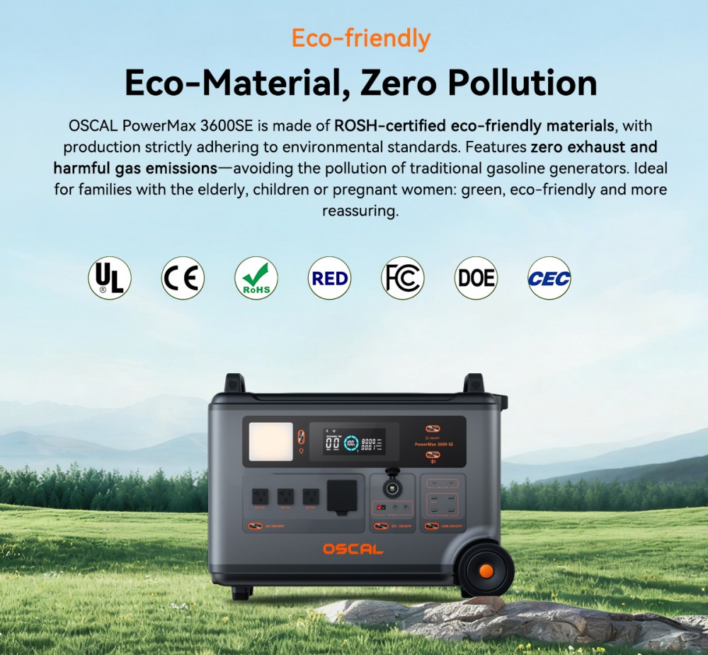 Oscal PowerMax 3600SE Portable Power Station, 3600Wh LiFePO4 Battery, 3600W Pure Sine Wave Output, 4500W Surge, 6 LED Light Modes, USB-C 100W, App Control, Fast Recharge, Solar Generator for Home Backup, RV, Camping - US Plug