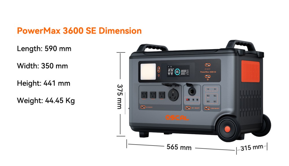 Oscal PowerMax 3600SE Portable Power Station, 3600Wh LiFePO4 Battery, 3600W Pure Sine Wave Output, 4500W Surge, 6 LED Light Modes, USB-C 100W, App Control, Fast Recharge, Solar Generator for Home Backup, RV, Camping - US Plug