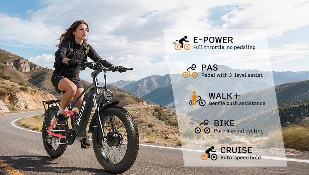 PHILIAM F3 PRO kétmotoros elektromos kerékpár, 1000W*2 (3000W csúcsteljesítmény), 52V 23Ah akkumulátor, 37 mph, 100 mérföld hatótáv, 26
