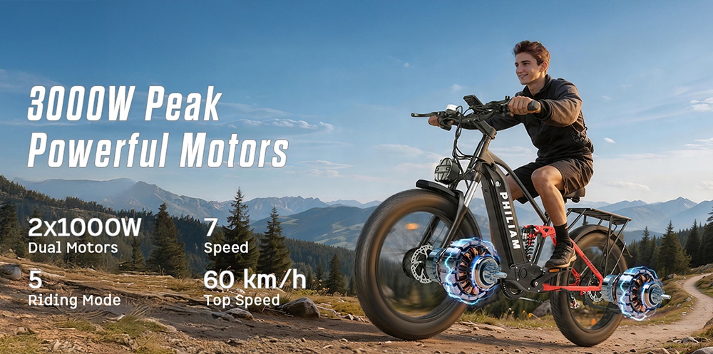 PHILIAM F3 PRO kétmotoros elektromos kerékpár, 1000W*2 (3000W csúcsteljesítmény), 52V 23Ah akkumulátor, 37 mph, 100 mérföld hatótáv, 26