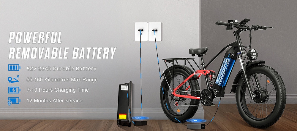 PHILIAM F3 PRO kétmotoros elektromos kerékpár, 1000W*2 (3000W csúcsteljesítmény), 52V 23Ah akkumulátor, 37 mph, 100 mérföld hatótáv, 26