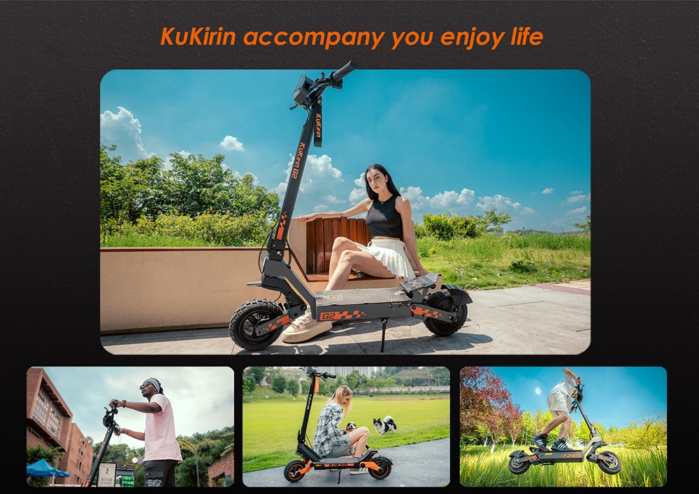 KuKirin G2 Összecsukható Elektromos roller 2026 Frissítés 800W Motor 48V 15.6Ah Akkumulátor 10 hüvelykes Gumiabroncs 45km/h Max. Sebesség 55km Hatótávolság Érintőképernyős Kijelző Tárcsafék 7 Világítási Rendszer - Fekete