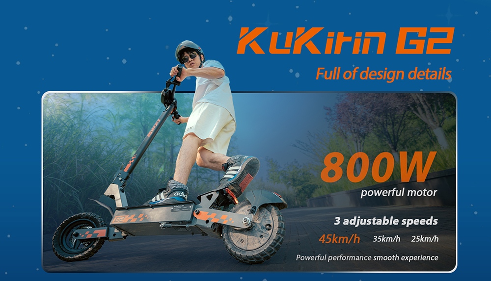 KuKirin G2 Version 2026 Trottinette électrique pliable, moteur 800 W, batterie 48 V 15 Ah, pneus 10 pouces, vitesse maximale 45 km/h, autonomie 55 km, écran tactile, frein à disque, système à 7 lumières - Noir