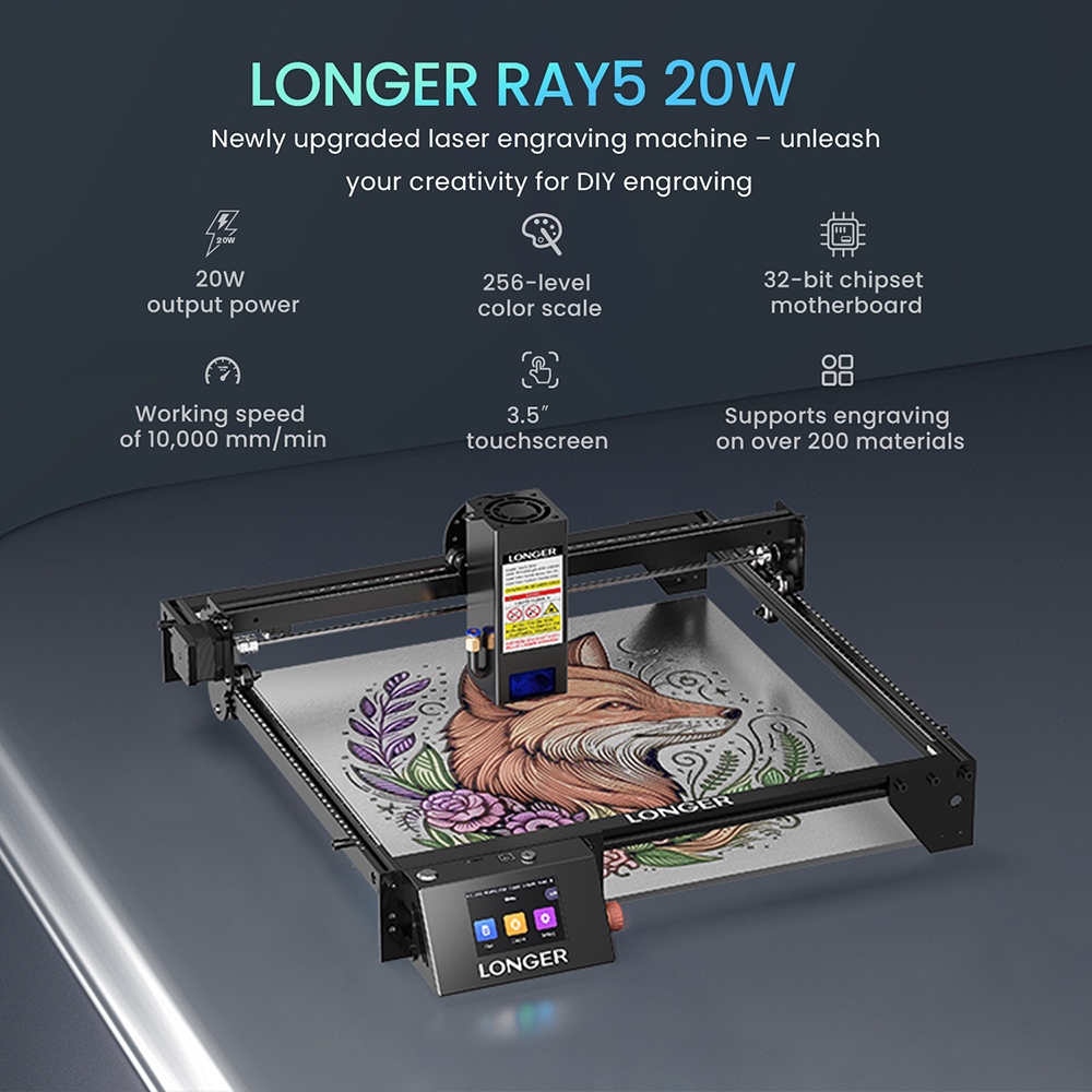 LONGER RAY5 20W-os lézergravírozó vágó, fix fókusz, 0,08*0,1 mm-es lézerpont, színes érintőképernyő, 32 bites chipset, alkalmazáskapcsolat támogatása, munkaterület 400*365 mm