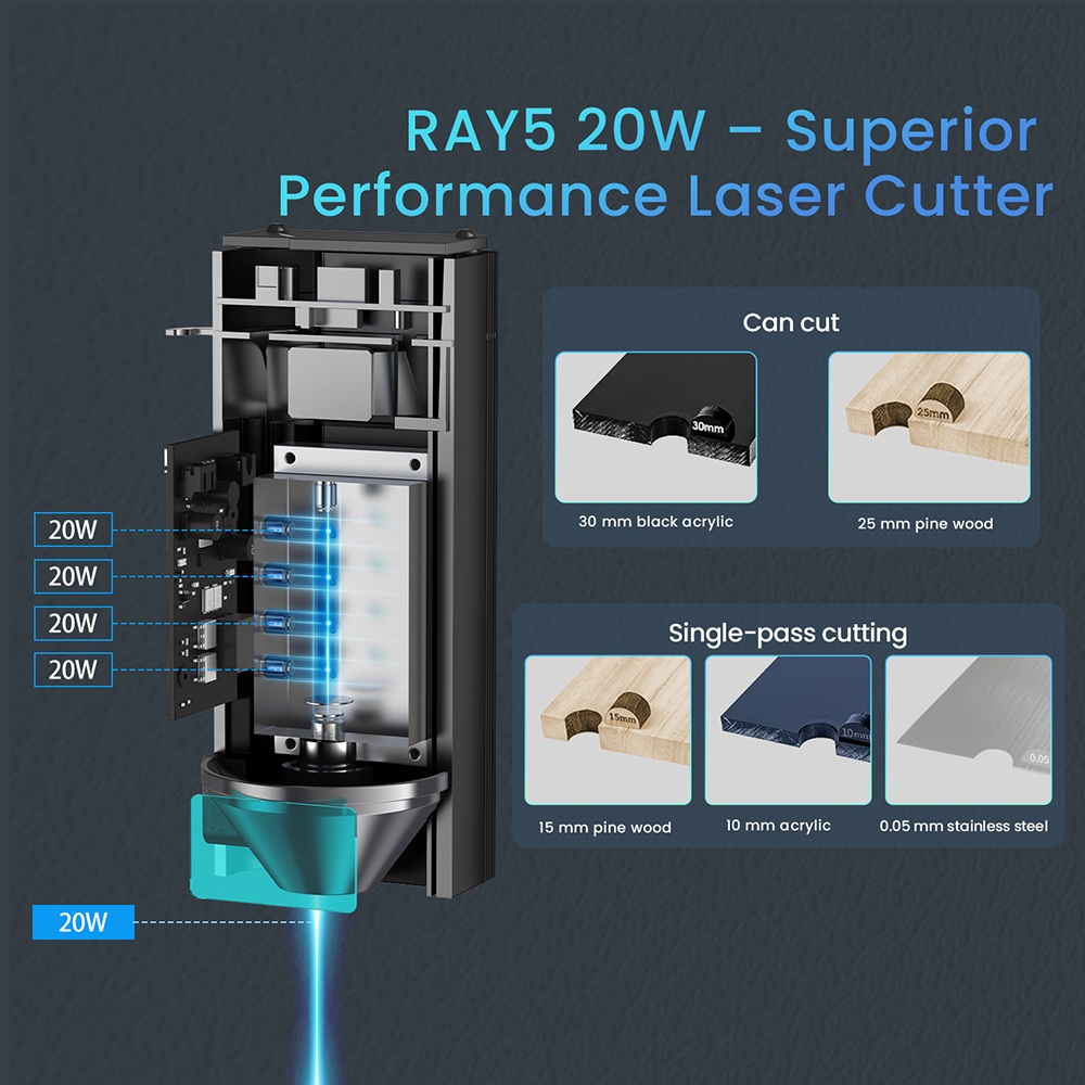 LONGER RAY5 20W-os lézergravírozó vágó, fix fókusz, 0,08*0,1 mm-es lézerpont, színes érintőképernyő, 32 bites chipset, alkalmazáskapcsolat támogatása, munkaterület 400*365 mm