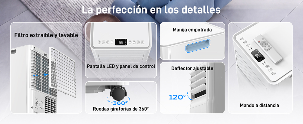 HUMILABS A016TC Climatiseur portable, capacité de refroidissement de 9000 BTU, débit d'air de 300 m³/h, refroidissement/ventilateur/déshumidificateur, fonctionnement silencieux à 50dB, minuterie 24h, mode veille, panneau tactile LED et télécommande