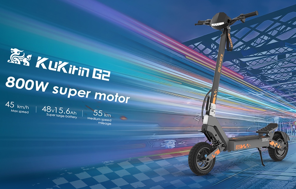 KuKirin G2 Version 2026 Trottinette électrique pliable, moteur 800 W, batterie 48 V 15 Ah, pneus 10 pouces, vitesse maximale 45 km/h, autonomie 55 km, écran tactile, frein à disque, système à 7 lumières - Noir