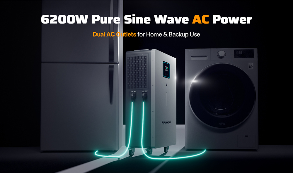 AFERIY PH062 6200W Home Energy Storage Power Station, 5120Wh LiFePO4 Battery, 6500W Max Solar Input, 120A MPPT, Pure Sine Wave Inverter, On/Off-Grid, Dual AC Outputs, WiFi & GPRS Remote Monitoring, for Home Backup & Off-Grid Use