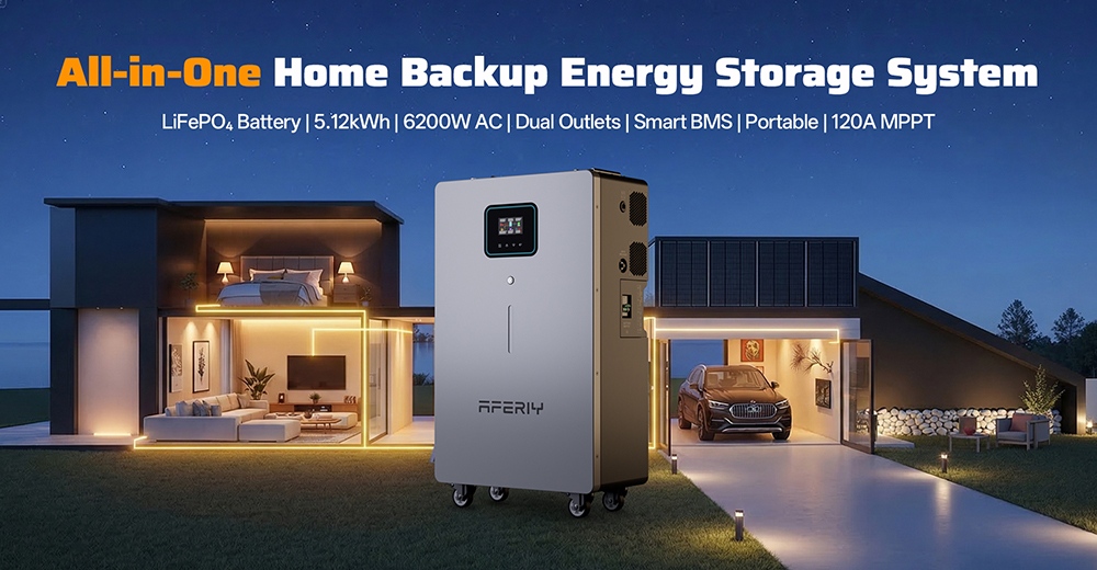 AFERIY PH062 6200W Home Energy Storage Power Station, 5120Wh LiFePO4 Battery, 6500W Max Solar Input, 120A MPPT, Pure Sine Wave Inverter, On/Off-Grid, Dual AC Outputs, WiFi & GPRS Remote Monitoring, for Home Backup & Off-Grid Use