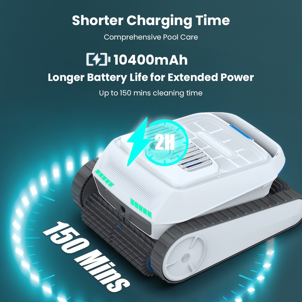 Robot nettoyeur de piscine sans fil AIRROBO CP402 LITE, 4 brosses rotatives, double pompe d'aspiration 6600 GPH, navigation intelligente, batterie 10400 mAh, autonomie de 150 minutes, capacité à franchir les parois à 90°, filtre 4 L, étanchéité IP68, nettoyage du fond, des parois et de la ligne d'eau