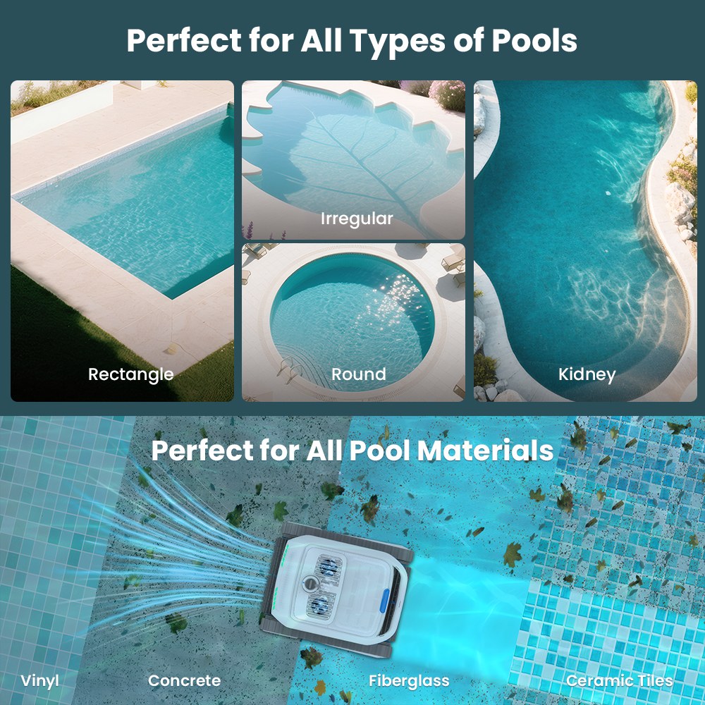 Robot nettoyeur de piscine sans fil AIRROBO CP402 LITE, 4 brosses rotatives, double pompe d'aspiration 6600 GPH, navigation intelligente, batterie 10400 mAh, autonomie de 150 minutes, capacité à franchir les parois à 90°, filtre 4 L, étanchéité IP68, nettoyage du fond, des parois et de la ligne d'eau