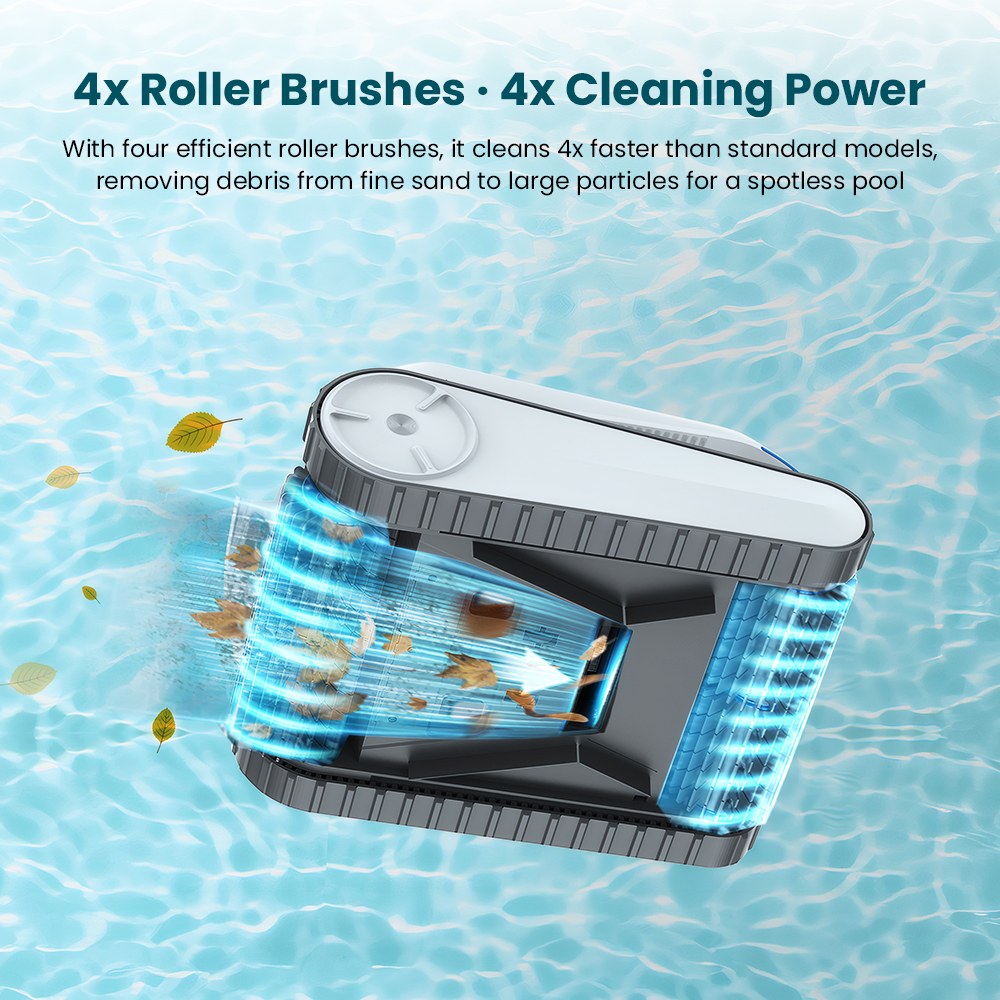Robot nettoyeur de piscine sans fil AIRROBO CP402 LITE, 4 brosses rotatives, double pompe d'aspiration 6600 GPH, navigation intelligente, batterie 10400 mAh, autonomie de 150 minutes, capacité à franchir les parois à 90°, filtre 4 L, étanchéité IP68, nettoyage du fond, des parois et de la ligne d'eau