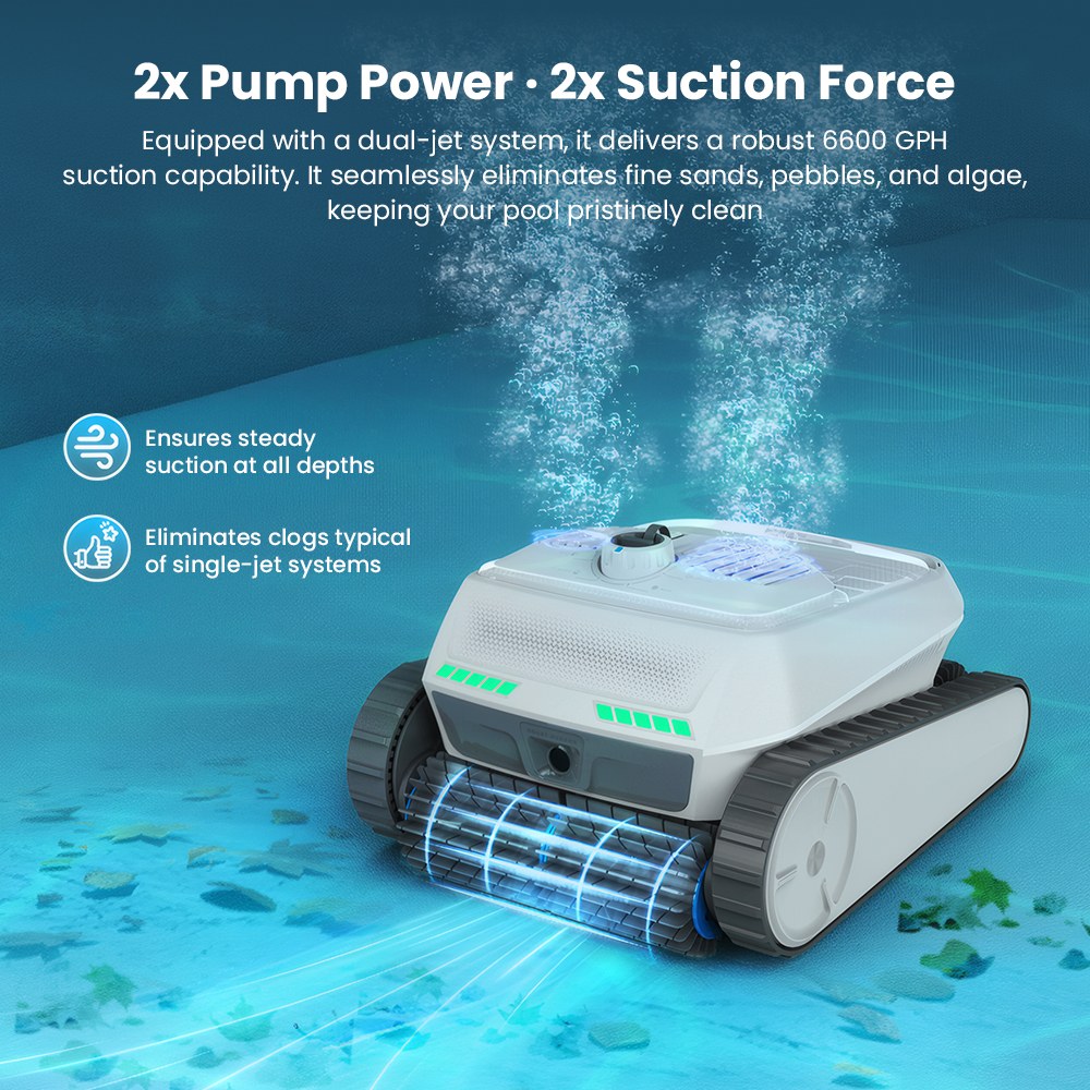 Robot nettoyeur de piscine sans fil AIRROBO CP402 LITE, 4 brosses rotatives, double pompe d'aspiration 6600 GPH, navigation intelligente, batterie 10400 mAh, autonomie de 150 minutes, capacité à franchir les parois à 90°, filtre 4 L, étanchéité IP68, nettoyage du fond, des parois et de la ligne d'eau