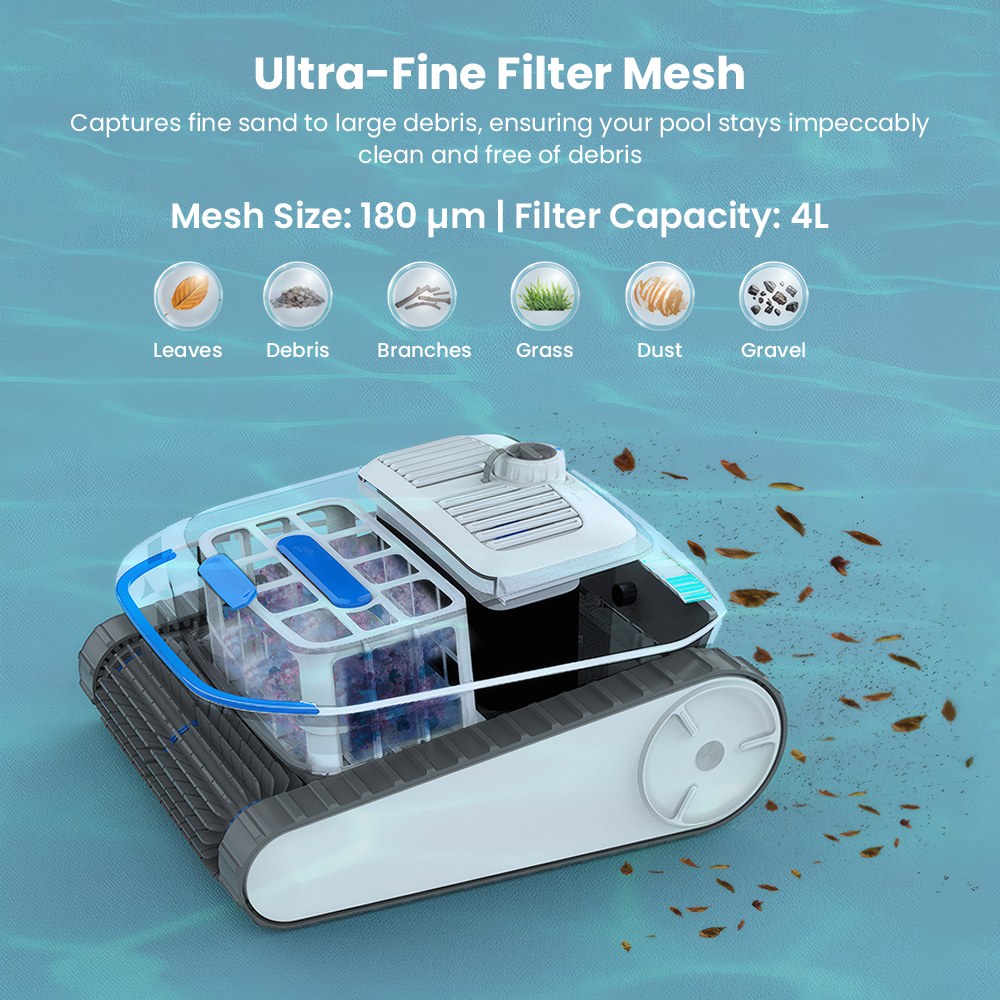 Robot nettoyeur de piscine sans fil AIRROBO CP402 LITE, 4 brosses rotatives, double pompe d'aspiration 6600 GPH, navigation intelligente, batterie 10400 mAh, autonomie de 150 minutes, capacité à franchir les parois à 90°, filtre 4 L, étanchéité IP68, nettoyage du fond, des parois et de la ligne d'eau