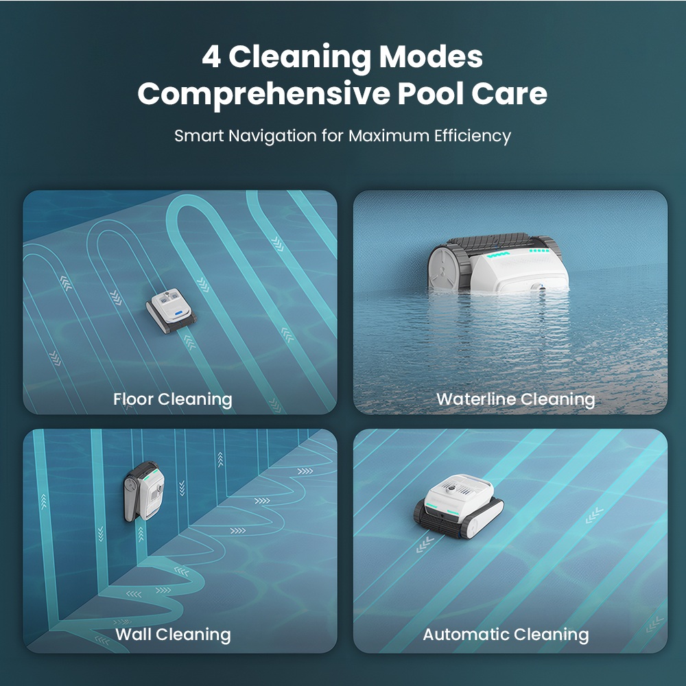 Robot nettoyeur de piscine sans fil AIRROBO CP402 LITE, 4 brosses rotatives, double pompe d'aspiration 6600 GPH, navigation intelligente, batterie 10400 mAh, autonomie de 150 minutes, capacité à franchir les parois à 90°, filtre 4 L, étanchéité IP68, nettoyage du fond, des parois et de la ligne d'eau