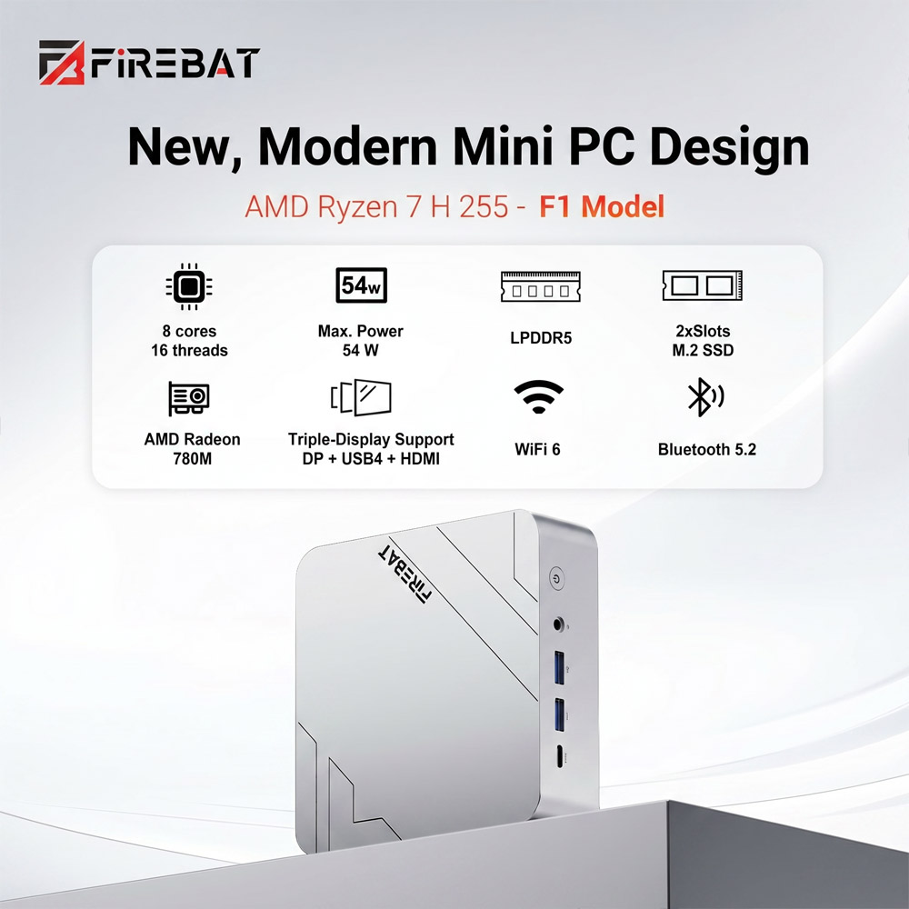 Mini PC FIREBAT F1, processeur AMD Ryzen 7 H255 (8 cœurs, 16 threads jusqu'à 4,9 GHz), carte graphique AMD Radeon 780M, 16 Go de RAM LPDDR5, SSD de 512 Go, USB 4.0 (40 Gbit/s), triple affichage 4K (DP + HDMI + Type-C), Wi-Fi 6, Bluetooth 5.2, LAN RJ45 2,5 GHz, double extension SSD M.2