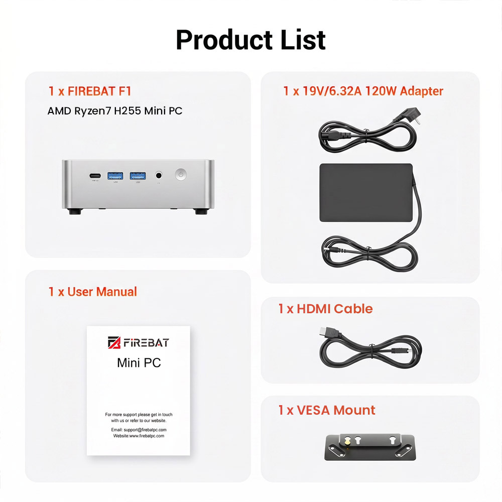 Mini PC FIREBAT F1, processeur AMD Ryzen 7 H255 (8 cœurs, 16 threads jusqu'à 4,9 GHz), carte graphique AMD Radeon 780M, 16 Go de RAM LPDDR5, SSD de 512 Go, USB 4.0 (40 Gbit/s), triple affichage 4K (DP + HDMI + Type-C), Wi-Fi 6, Bluetooth 5.2, LAN RJ45 2,5 GHz, double extension SSD M.2