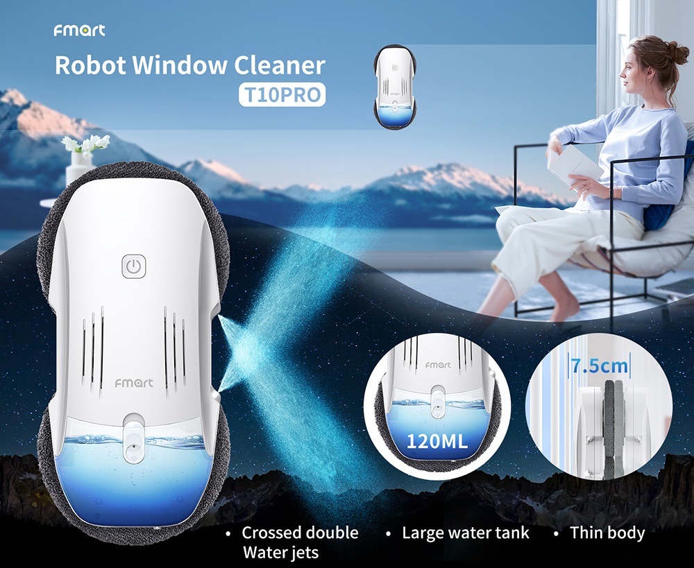 FMART T10 PRO ablaktisztító robot, száraz és nedves tisztítás, 3800 Pa erős szívóerő, kettős keresztpermetezésű rendszer, mesterséges intelligencia alapú útvonaltervezés, 4 tisztítási mód, alkalmazás és távirányító, 120 ml-es víztartály, élérzékelés, UPS biztonsági védelem