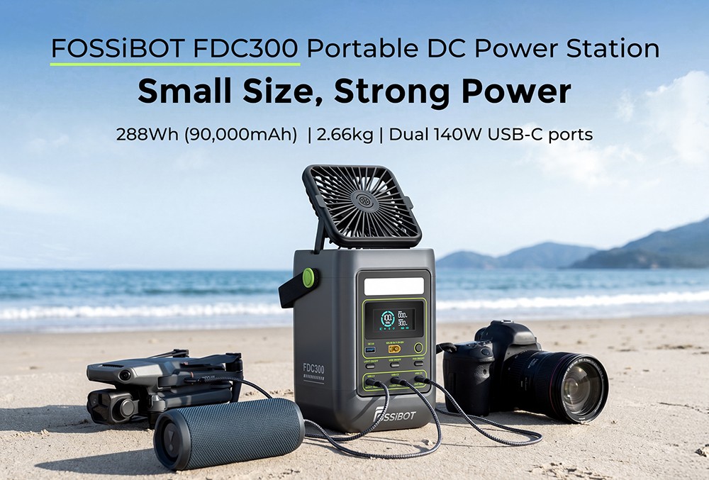 FOSSiBOT FDC300 Portable Power Station, 288Wh LiFePO4 Battery, Dual 140W USB-C High Power Output, Fast Charging via USB-C/Solar/Car, QC3.0 USB-A Port, XT60 Car & Solar Input, Smart HD Display, Built-in Cooling Fan, Smart HD Display