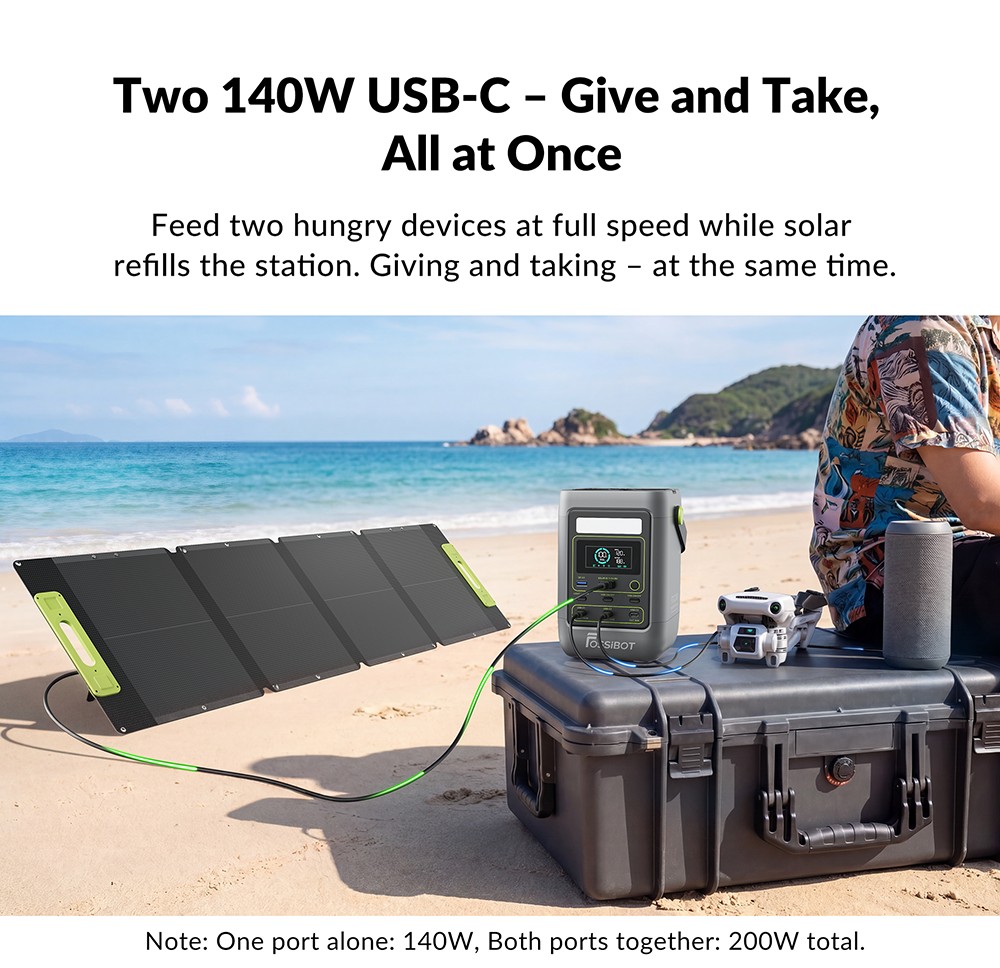 FOSSiBOT FDC300 Portable Power Station, 288Wh LiFePO4 Battery, Dual 140W USB-C High Power Output, Fast Charging via USB-C/Solar/Car, QC3.0 USB-A Port, XT60 Car & Solar Input, Smart HD Display, Built-in Cooling Fan, Smart HD Display