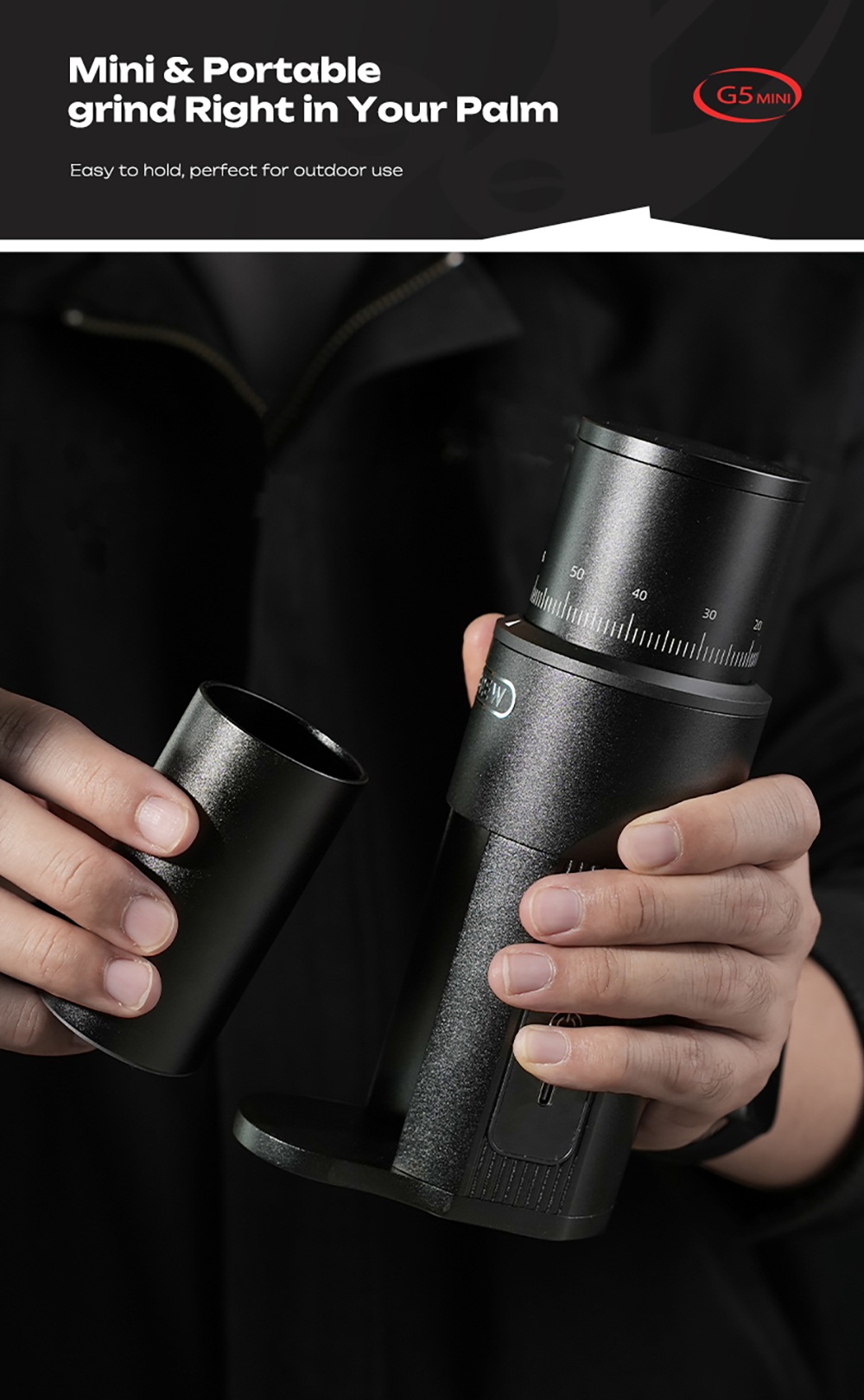 Moulin à café électrique portable HiBREW G5 MINI, meule réglable sur 100 niveaux, double batterie 5200 mAh, meule conique de 38 mm en acier inoxydable SUS420, capacité de 20 g, broyage silencieux à 100 tr/min, chargement USB-C