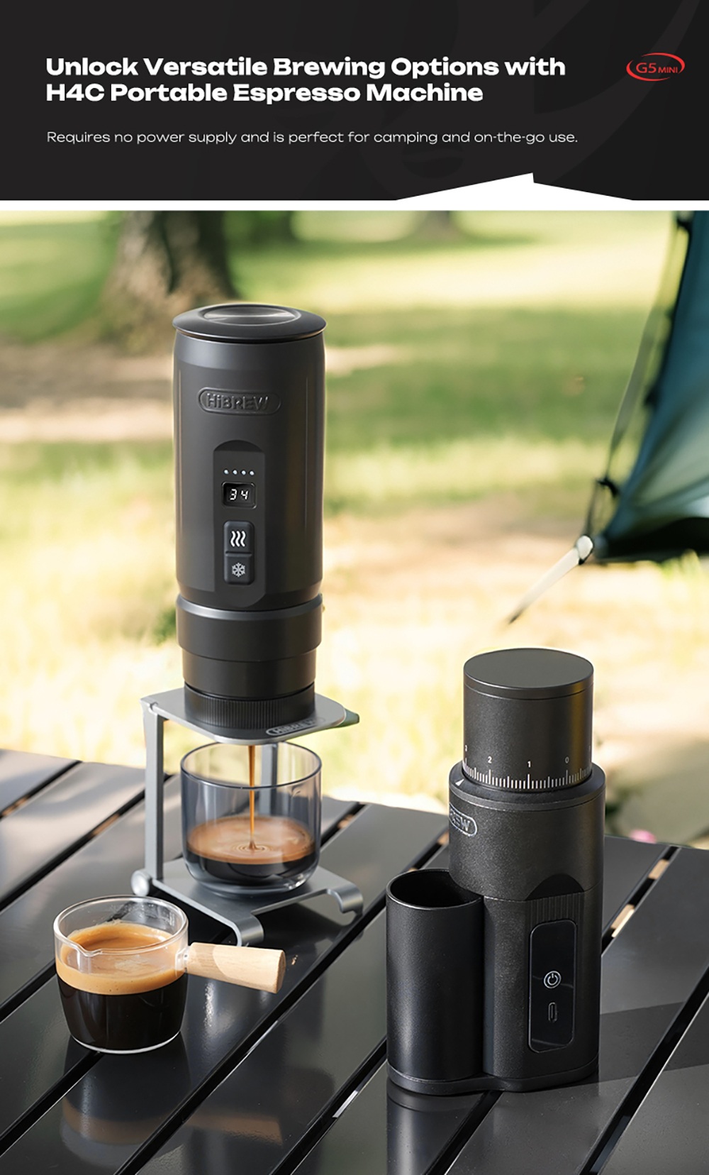 Moulin à café électrique portable HiBREW G5 MINI, meule réglable sur 100 niveaux, double batterie 5200 mAh, meule conique de 38 mm en acier inoxydable SUS420, capacité de 20 g, broyage silencieux à 100 tr/min, chargement USB-C