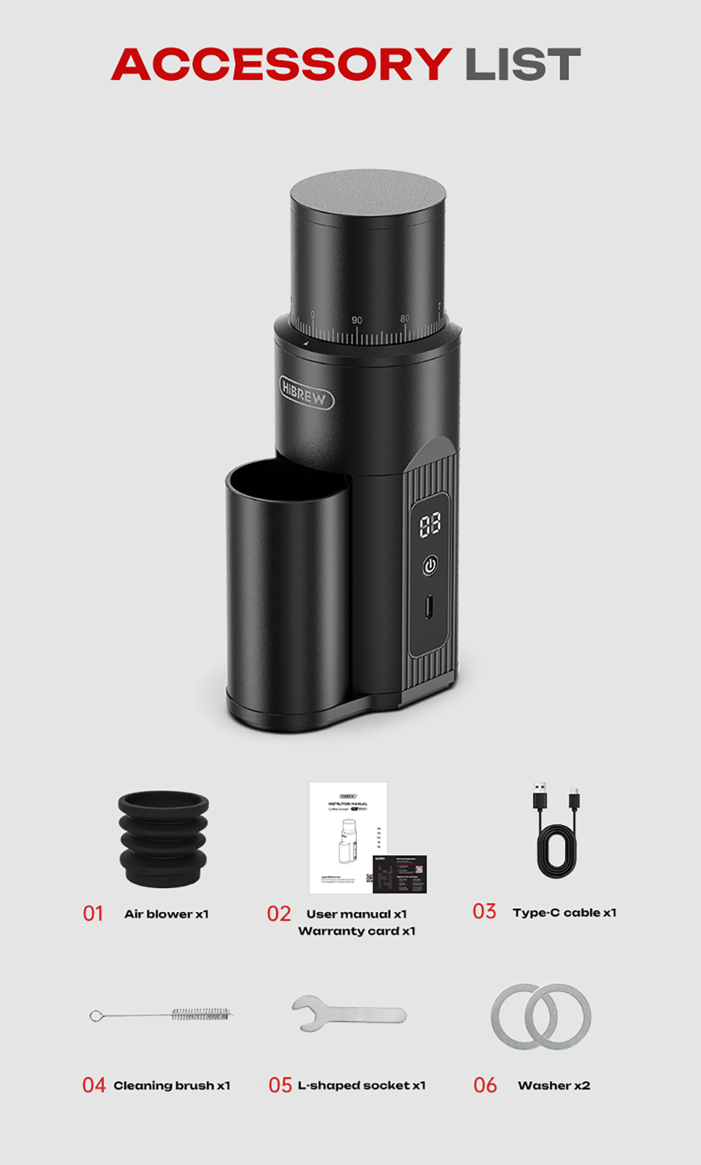 Moulin à café électrique portable HiBREW G5 MINI, meule réglable sur 100 niveaux, double batterie 5200 mAh, meule conique de 38 mm en acier inoxydable SUS420, capacité de 20 g, broyage silencieux à 100 tr/min, chargement USB-C