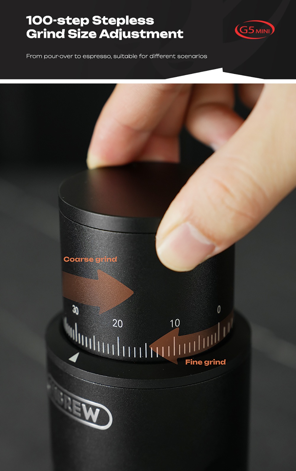 Moulin à café électrique portable HiBREW G5 MINI, meule réglable sur 100 niveaux, double batterie 5200 mAh, meule conique de 38 mm en acier inoxydable SUS420, capacité de 20 g, broyage silencieux à 100 tr/min, chargement USB-C