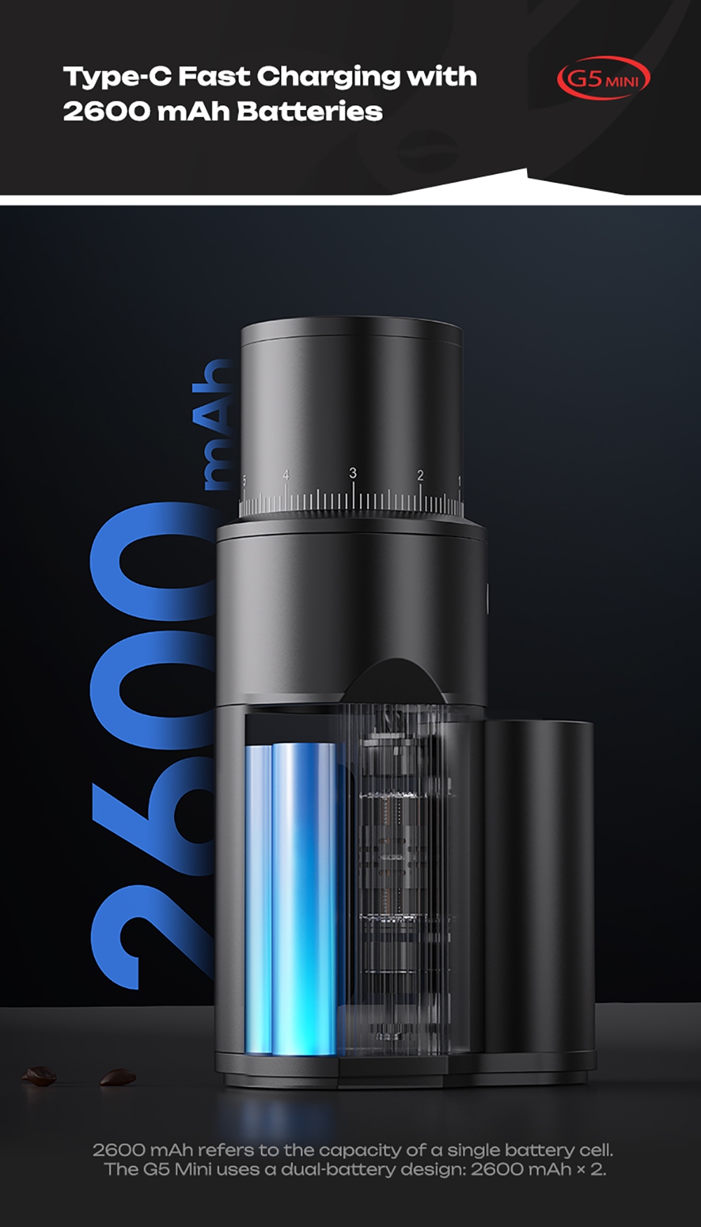 Moulin à café électrique portable HiBREW G5 MINI, meule réglable sur 100 niveaux, double batterie 5200 mAh, meule conique de 38 mm en acier inoxydable SUS420, capacité de 20 g, broyage silencieux à 100 tr/min, chargement USB-C