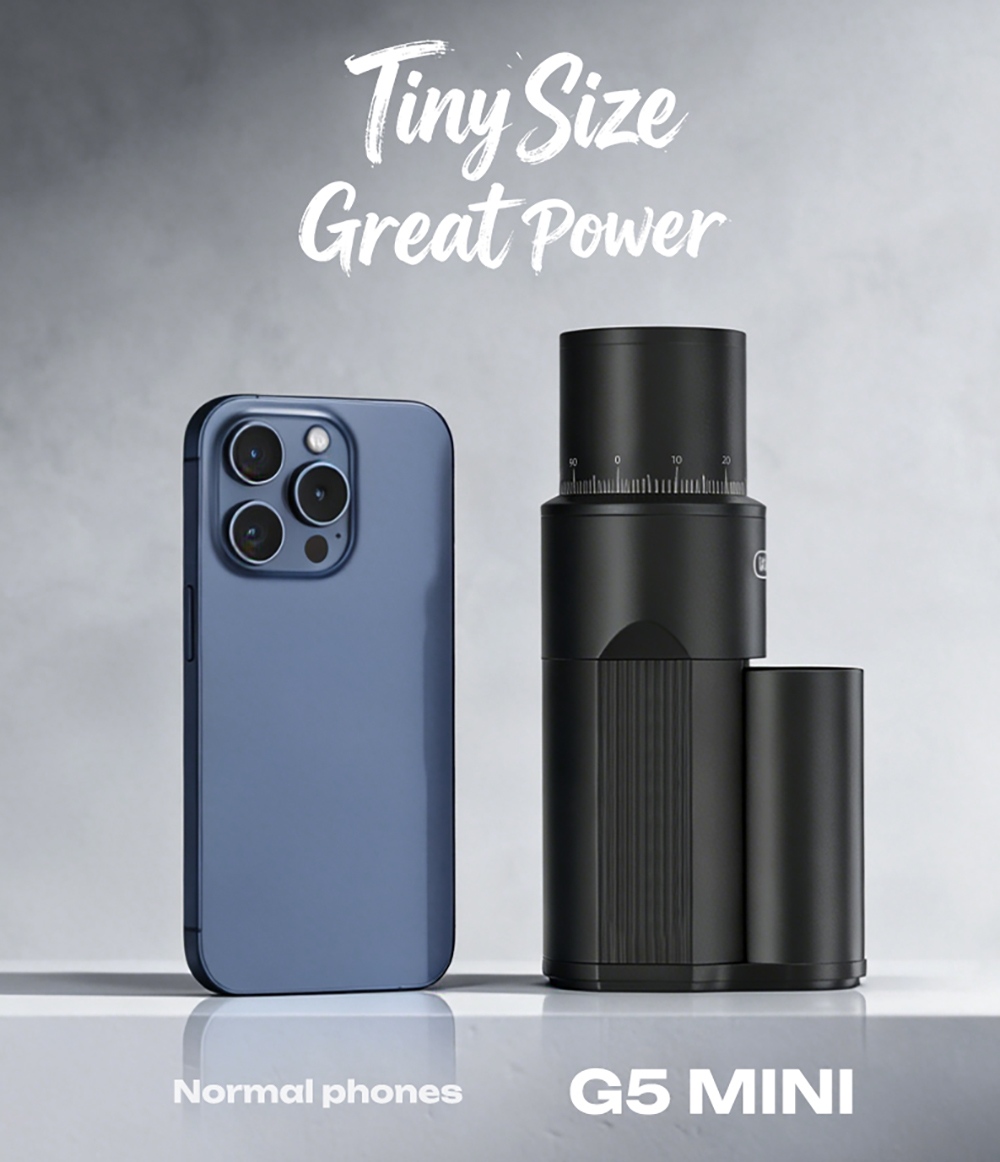 Moulin à café électrique portable HiBREW G5 MINI, meule réglable sur 100 niveaux, double batterie 5200 mAh, meule conique de 38 mm en acier inoxydable SUS420, capacité de 20 g, broyage silencieux à 100 tr/min, chargement USB-C