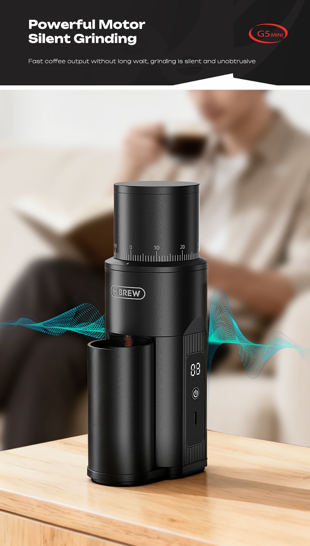 Moulin à café électrique portable HiBREW G5 MINI, meule réglable sur 100 niveaux, double batterie 5200 mAh, meule conique de 38 mm en acier inoxydable SUS420, capacité de 20 g, broyage silencieux à 100 tr/min, chargement USB-C