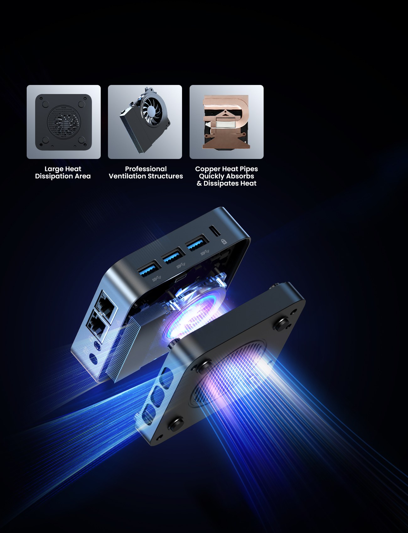 MINIX Z95 Mini-PC, Intel N95 Prozessor (4 Kerne, max. 3,4 GHz), 16 GB LPDDR5X RAM, 512 GB PCIe NVMe SSD, DisplayPort + Dual HDMI 2.1 4K Triple-Display, WLAN 5, Bluetooth 5.0, Dual Gigabit Ethernet, 3 x USB-A 3.2, 1 x Audioanschluss, kompaktes aktives Kühlsystem