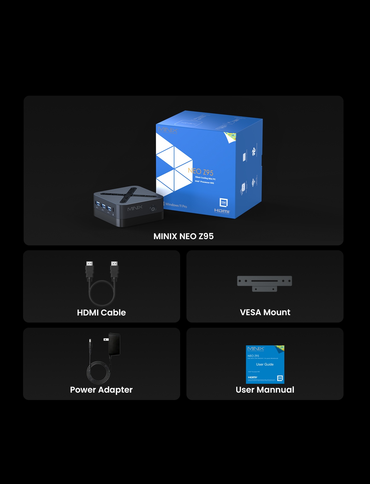 MINIX Z95 Mini-PC, Intel N95 Prozessor (4 Kerne, max. 3,4 GHz), 16 GB LPDDR5X RAM, 512 GB PCIe NVMe SSD, DisplayPort + Dual HDMI 2.1 4K Triple-Display, WLAN 5, Bluetooth 5.0, Dual Gigabit Ethernet, 3 x USB-A 3.2, 1 x Audioanschluss, kompaktes aktives Kühlsystem