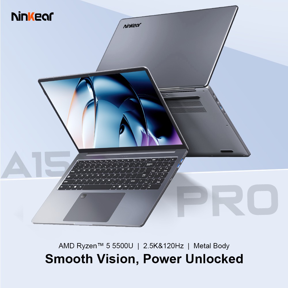 Ninkear A15 Pro Laptop, 16 Zoll 2560×1600 120Hz, AMD Ryzen 5 5500U, 16GB DDR4 RAM, 1TB SSD, AMD Radeon Graphics, WiFi 6 Bluetooth 5.2, Fingerabdruck, 2× Type-C (voll funktionsfähig), 3× USB 3.0, 1× HDMI, 1× MicroSD, 1× 3,5 mm Audio