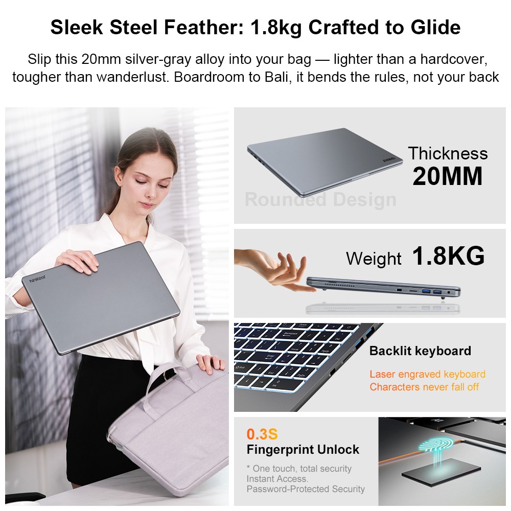 Ninkear A15 Pro Laptop, 16 Zoll 2560×1600 120Hz, AMD Ryzen 5 5500U, 16GB DDR4 RAM, 1TB SSD, AMD Radeon Graphics, WiFi 6 Bluetooth 5.2, Fingerabdruck, 2× Type-C (voll funktionsfähig), 3× USB 3.0, 1× HDMI, 1× MicroSD, 1× 3,5 mm Audio