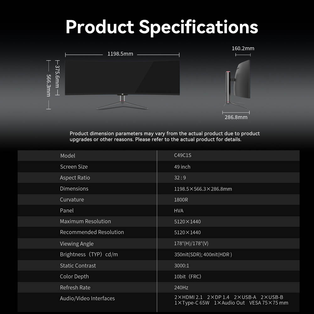 TITAN ARMY C49C1S Gaming-Monitor, 49 Zoll (124,5 cm) Curved-VA-Bildschirm (1800R), Dual-QHD-Auflösung (5120 × 1440), 240 Hz Bildwiederholfrequenz, 1 ms MPRT, HDR400, KVM-Anschluss, Bild-in-Bild/Bild-vor-Bild-Funktion, Game+, FreeSync- und G-Sync-kompatibel, 1 × HDMI 2.1, 2 × DisplayPort 1.4, 1 × USB-C, 1 × Audioanschluss, VESA-Halterung (75 × 75 mm)