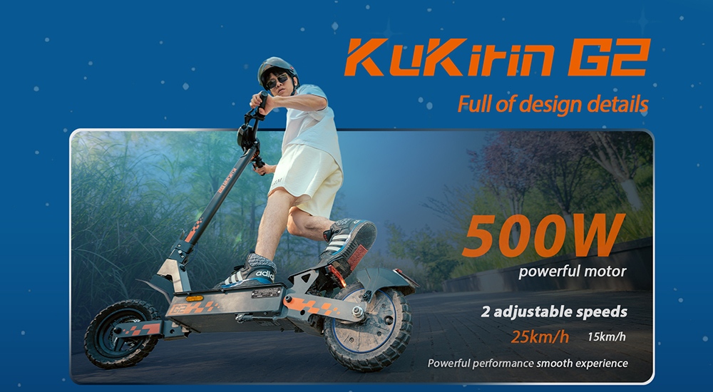 KuKirin G2(VMP) Trottinette électrique, moteur 500W, batterie 48V 15.6Ah, vitesse maximale 25 km/h, autonomie 65 km, pneus sans chambre à air de 10 pouces, freins à disque doubles, 20 ° Escalade, étanche IPX4, charge maximale de 120 kg