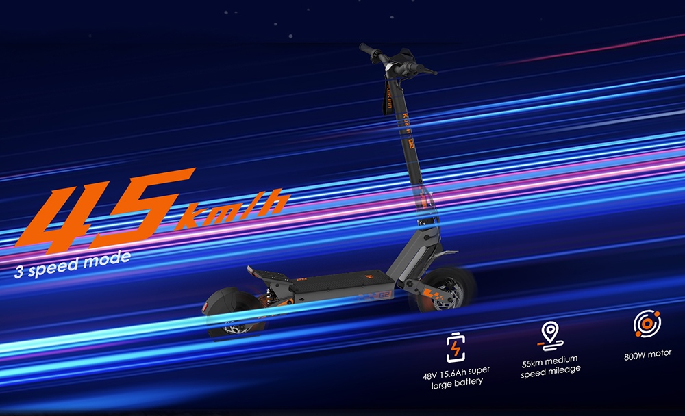 KuKirin G2 Version 2026 Trottinette électrique pliable, moteur 800 W, batterie 48 V 15 Ah, pneus 10 pouces, vitesse maximale 45 km/h, autonomie 55 km, écran tactile, frein à disque, système à 7 lumières - Noir