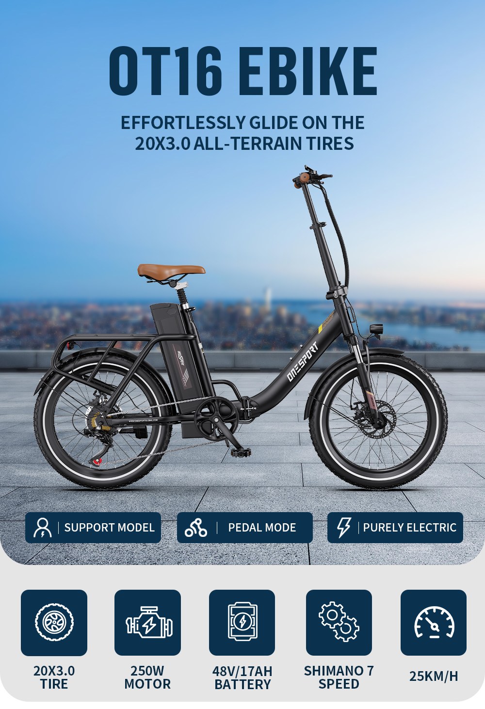ONESPORT OT16 Vélo électrique, Pneus 20*3,0 pouces, batterie 48V 17Ah, Vitesse maximale 25km/h, 3 modes de conduite, Freins à disque, 7 vitesses - Noir et marron