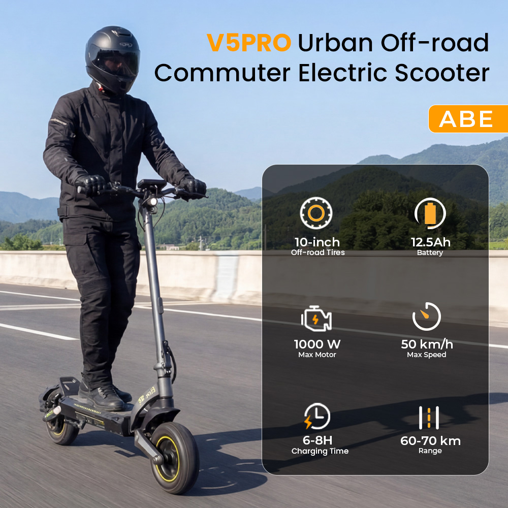 iScooter V5Pro Faltbarer Elektroroller, 1000W Motor, 20km/h Höchstgeschwindigkeit, 70km Reichweite, 48V 12,5Ah Batterie, Doppelte Federung, Doppelte Scheibenbremsen + E-Bremse, 10' schlauchlose Offroad-Reifen, APP-Steuerung