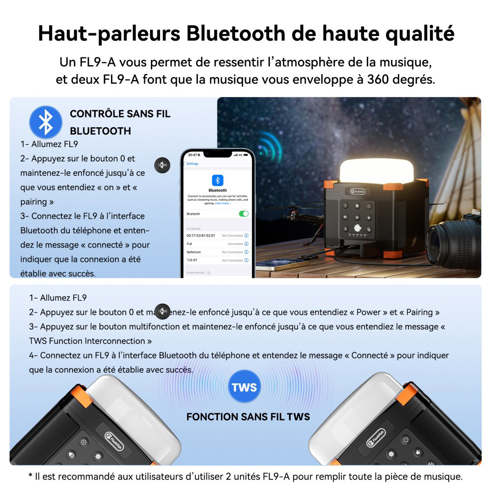FlashFish FL9-A Station d'alimentation multifonctionnelle, batterie lithium 56Wh / 15600mAh, charge rapide USB-C PD 45W, deux haut-parleurs Bluetooth 5.0 15W, lampe de camping 700LM à 3 modes, son stéréo TWS, lumière d'urgence SOS