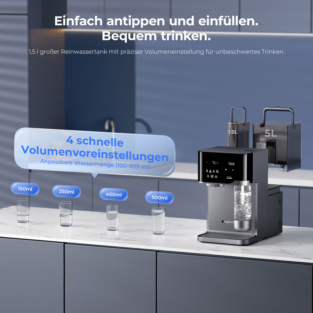 Hydrofast C300 RO Arbeitsplatten-Wasserreiniger, Eis- und Sprudelwasserspender, 6-stufige Filterung mit UV-Sterilisation, 5L Rohwassertank & 1,5L Reinwassertank, einstellbare Temperatur & Menge, Intelligentes TDS-Display