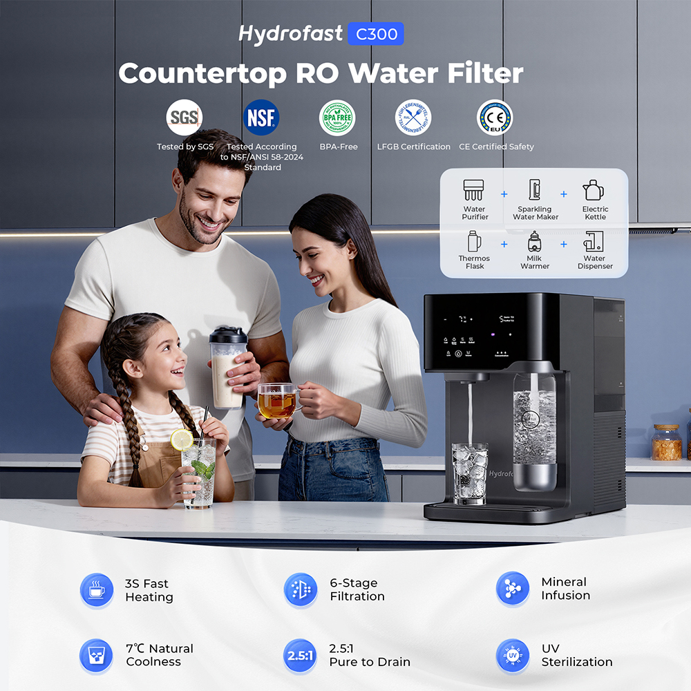 Hydrofast C300 RO Countertop Water Purifier, Iced & Sparkling Water Dispenser, 6-Stage Filtration with UV Sterilization, 5L Raw Tank & 1.5L Pure Tank, Adjustable Temperature & Volume, Smart TDS Display