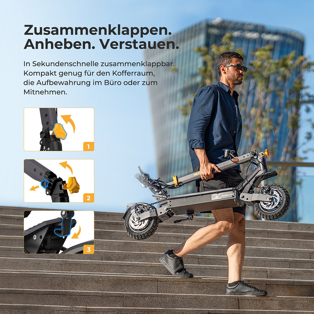Ausom L1 Elektroroller ABE-Version, 500-W-Motor, 48-V-20,8-Ah-Akku, 10-Zoll-Reifen, 20 km/h Höchstgeschwindigkeit, 90 km Reichweite, Scheibenbremsen vorne und hinten, Schwingarmfederung, NFC- und Passcode-Entsperrung