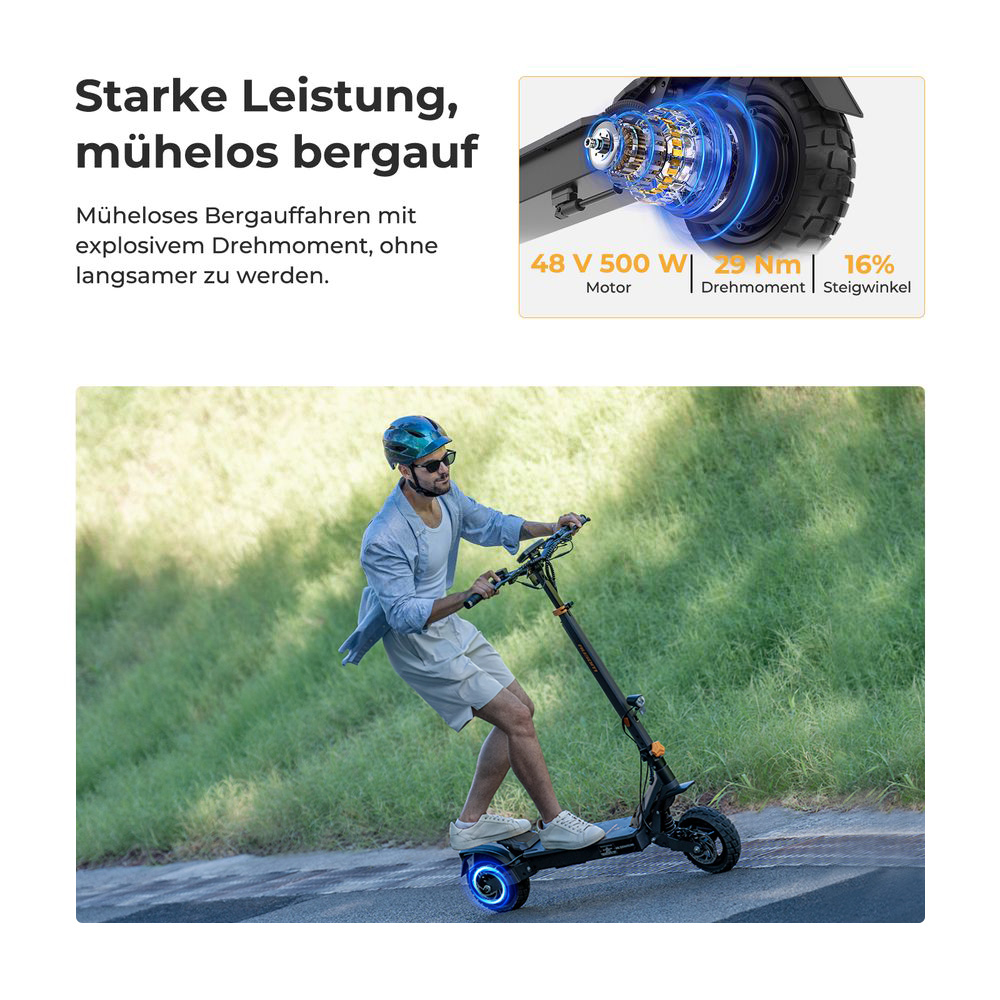 Ausom L1 Elektroroller ABE-Version, 500-W-Motor, 48-V-20,8-Ah-Akku, 10-Zoll-Reifen, 20 km/h Höchstgeschwindigkeit, 90 km Reichweite, Scheibenbremsen vorne und hinten, Schwingarmfederung, NFC- und Passcode-Entsperrung